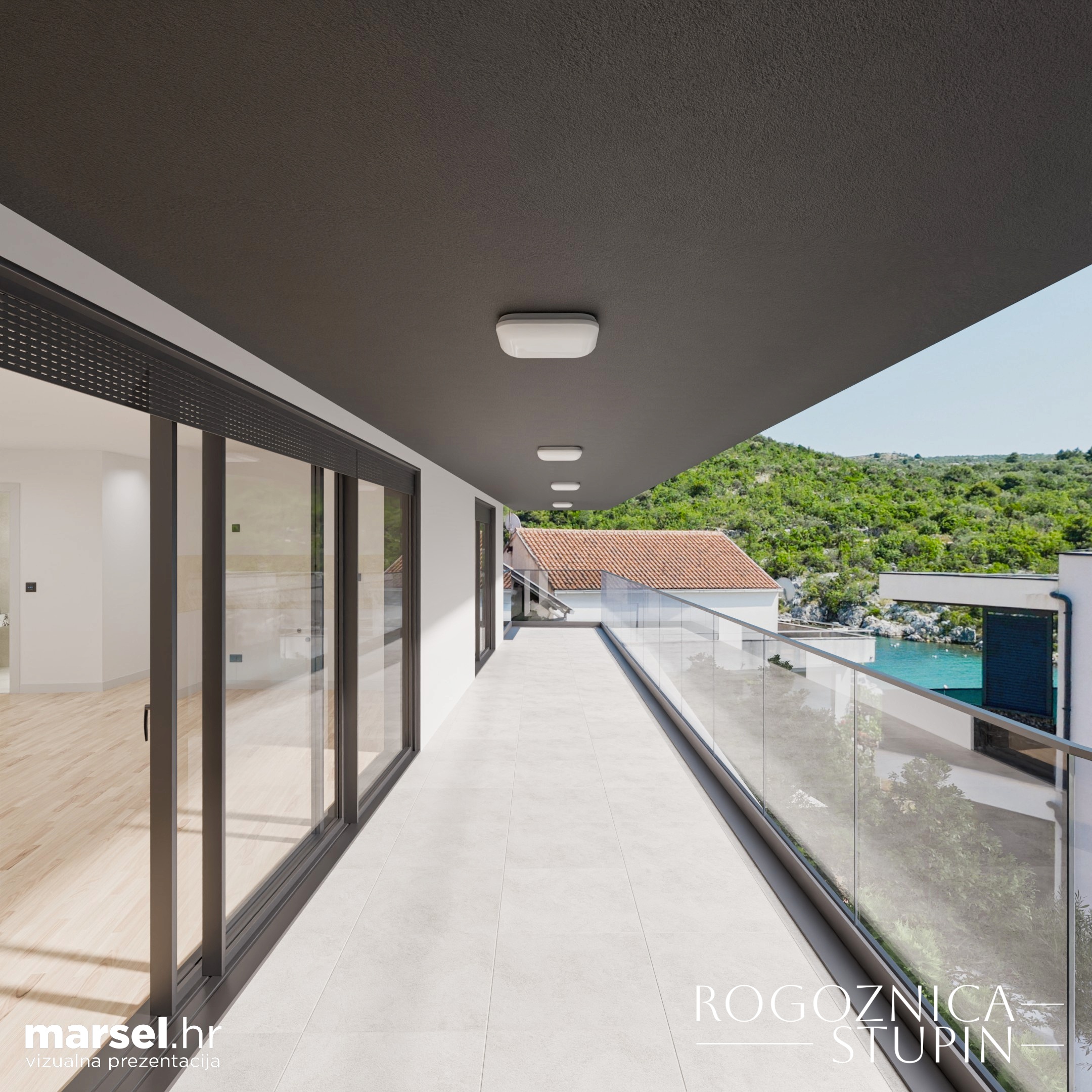 Vizualizacija interijera apartmana u novogradnji Rogoznica Stupin. Prostrani i svijetli unutarnji prostori s pogledom na more, idealni za stanovanje ili investiranje u apartman na dalmatinskoj obali.